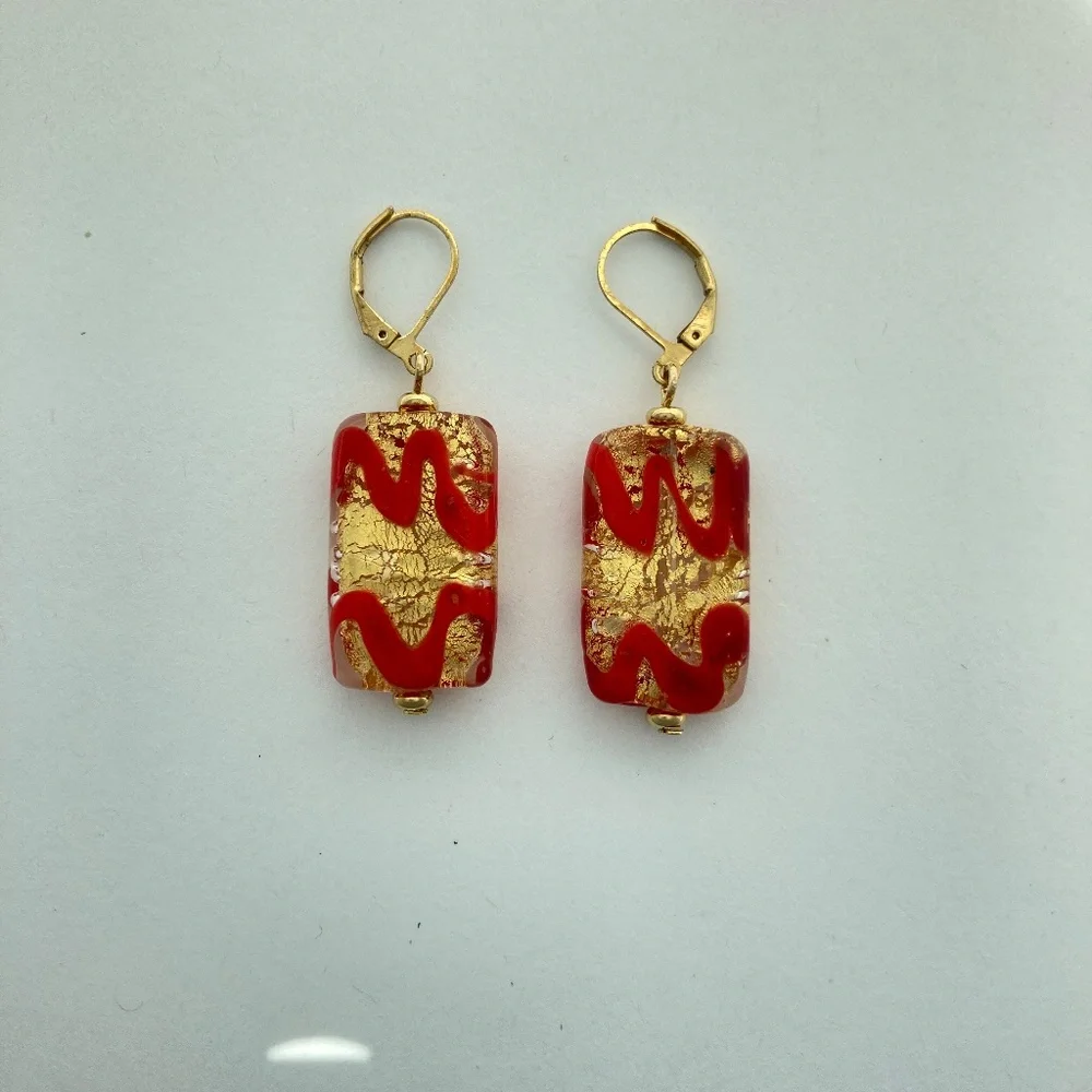 Art Glass Earrings, Handmade, Clear & Red Glass, Genuine Gold, Lamp Work